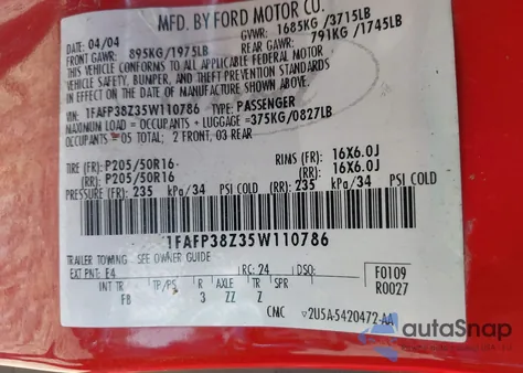 2005 Ford Focus Zx4 из США, поврежденный, VIN 1FAFP38Z35W110786